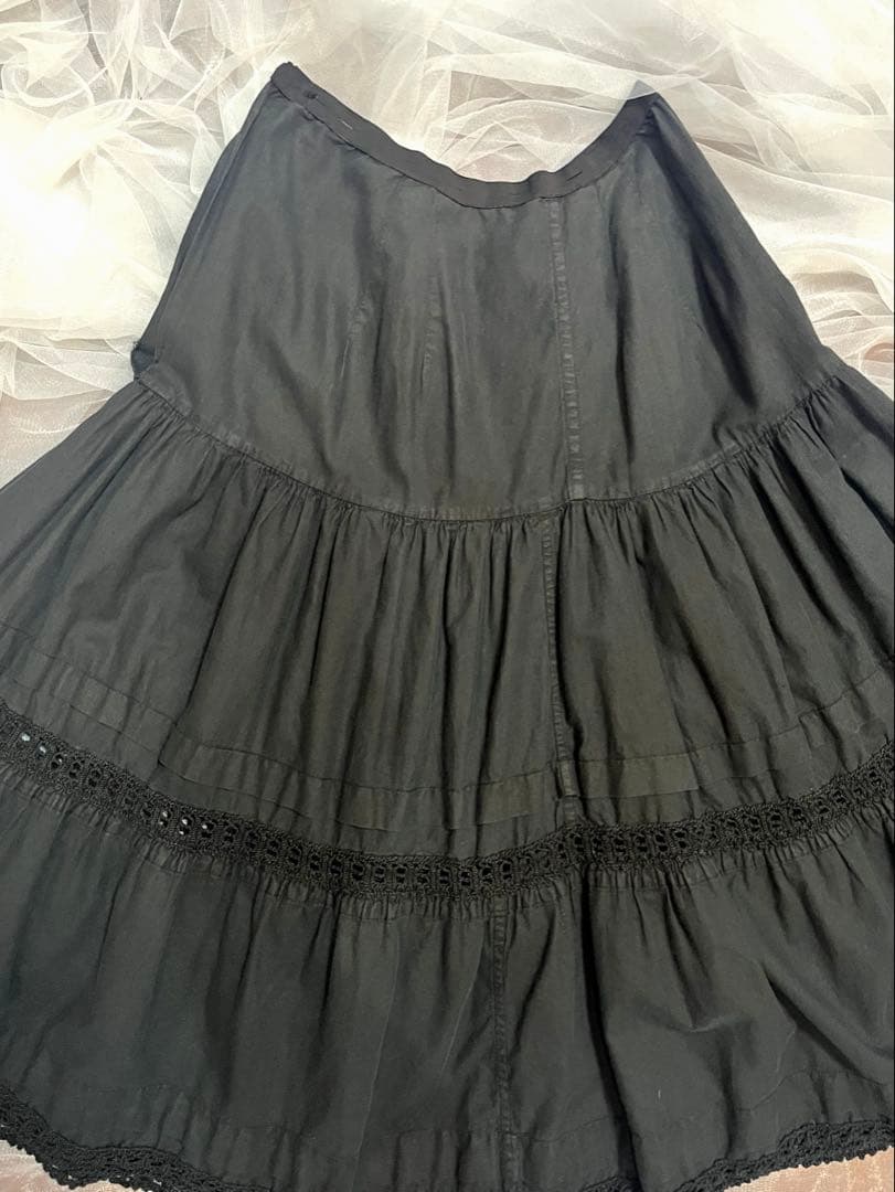 フランス アンティーク コットンレース スカート ペチコート ブラック 後染め