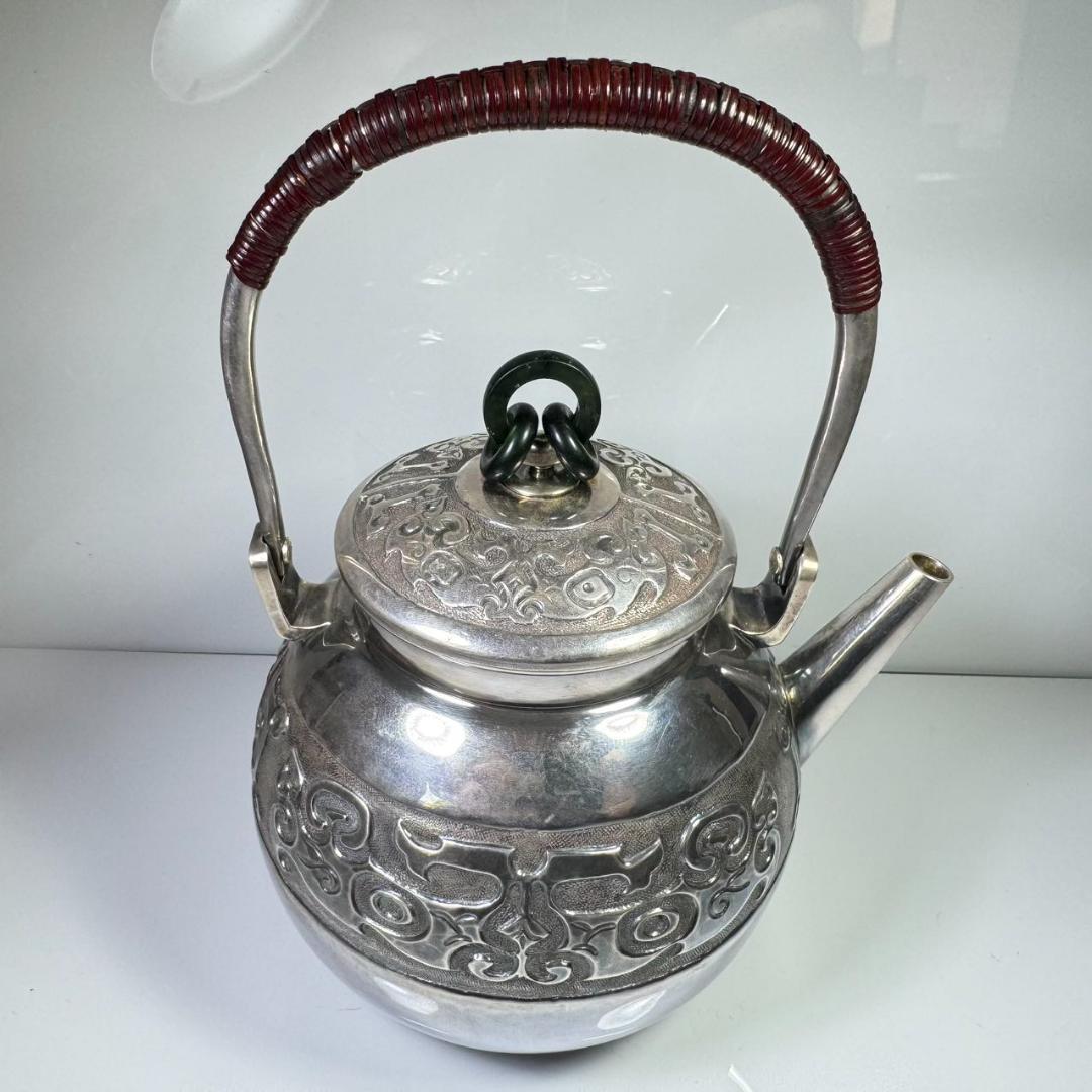 純銀製 蔵六 砲口湯沸 貴石摘 銀瓶 箱付 古美術品 純銀保証 湯沸 やかん