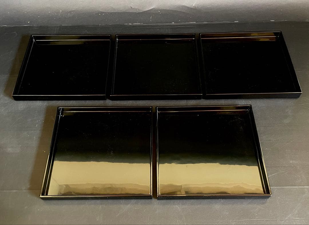 「母」 輪島塗 真塗 四方膳 5客 共箱 共布 懐石膳 茶懐石 茶道具 (E)