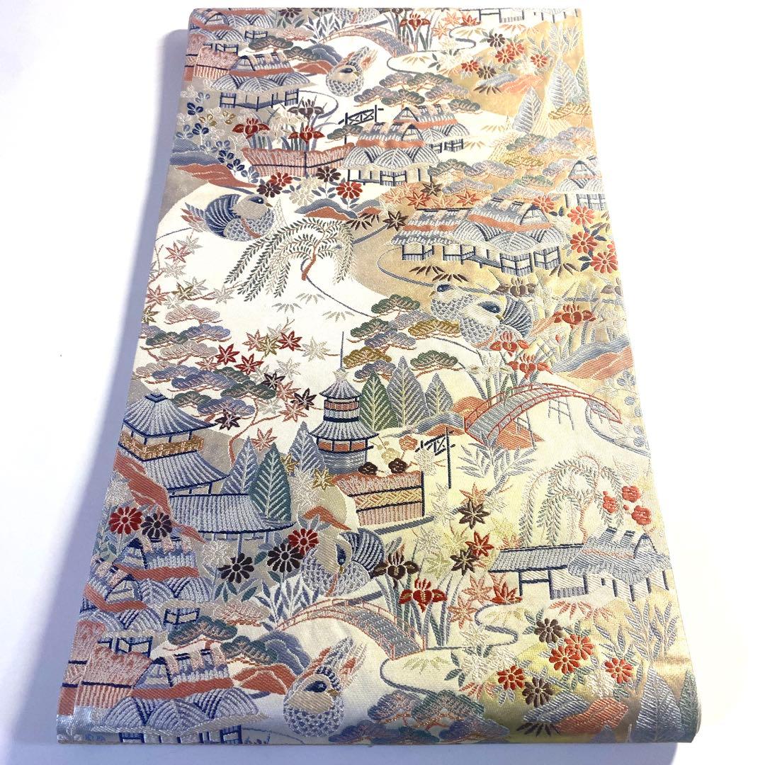 5k524 袋帯　絹　西陣織　まいづる織物　茶辻風景紋　唐織　鴛鴦　花柄　和装