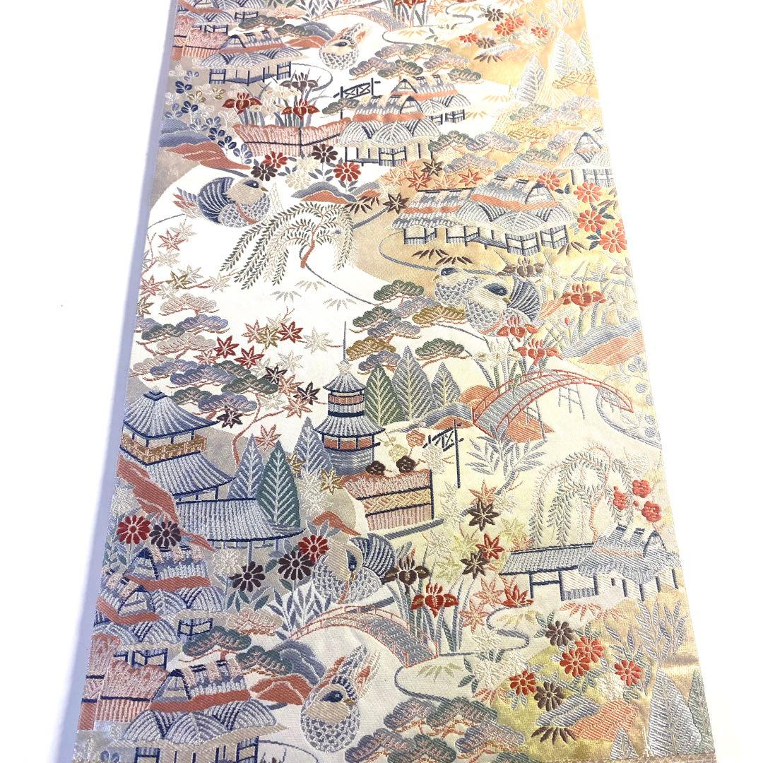 5k524 袋帯　絹　西陣織　まいづる織物　茶辻風景紋　唐織　鴛鴦　花柄　和装