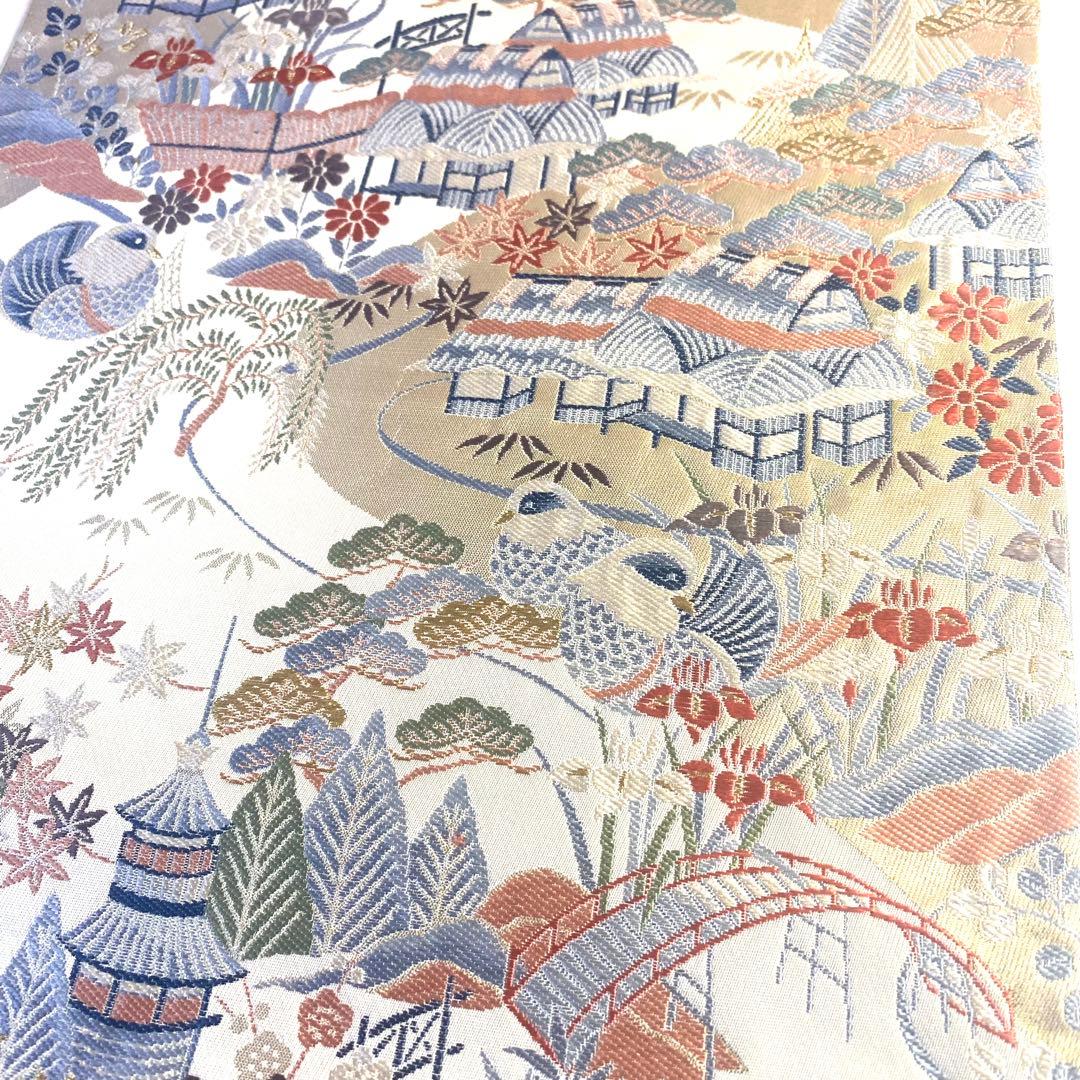 5k524 袋帯　絹　西陣織　まいづる織物　茶辻風景紋　唐織　鴛鴦　花柄　和装
