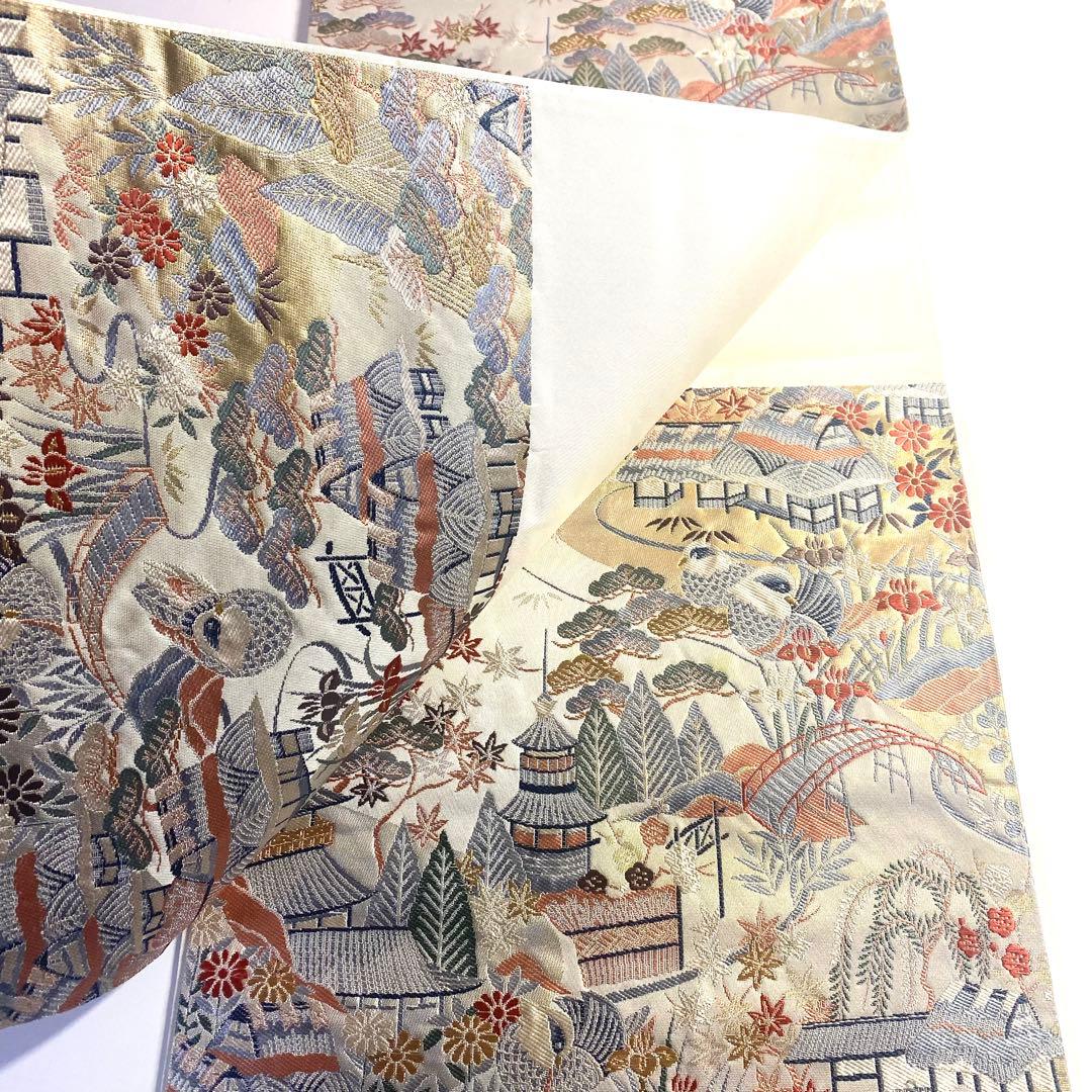 5k524 袋帯　絹　西陣織　まいづる織物　茶辻風景紋　唐織　鴛鴦　花柄　和装
