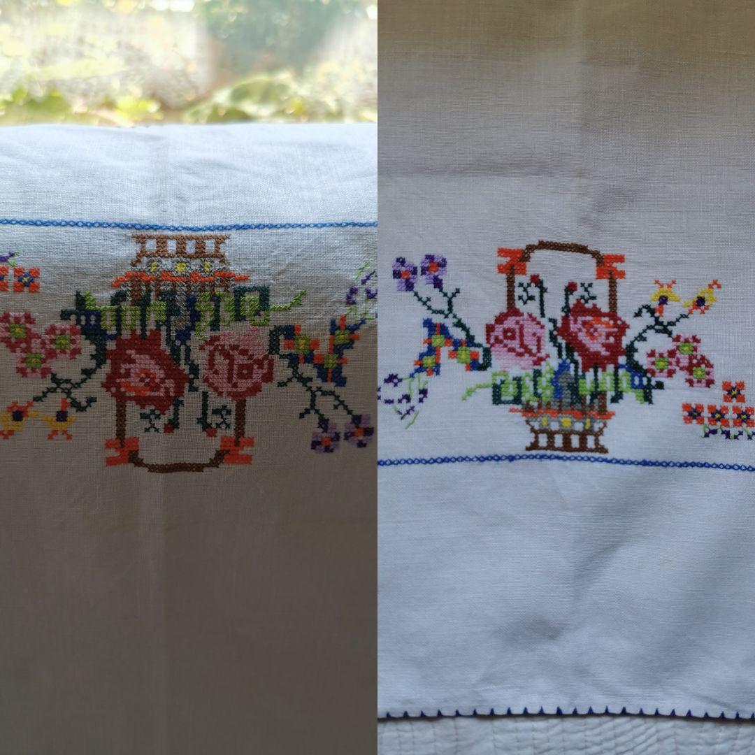 アンティーク英国手織リネン クロスステッチ薔薇花籠刺繍ニードルワーク 青枠クロス