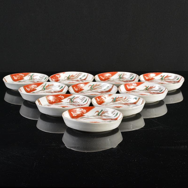 伊万里焼　古伊万里　赤絵金彩　鳥蒲公英文　小皿　十客　時代箱付　C　R6176