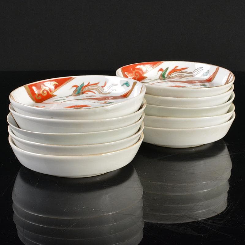 伊万里焼　古伊万里　赤絵金彩　鳥蒲公英文　小皿　十客　時代箱付　C　R6176