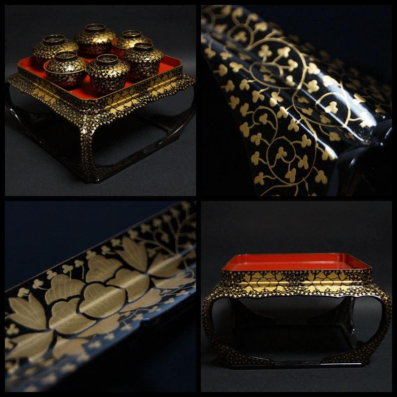 明治期 金蒔絵『牡丹唐草文』小型 木製御懸盤 一対 共箱☆時代物☆