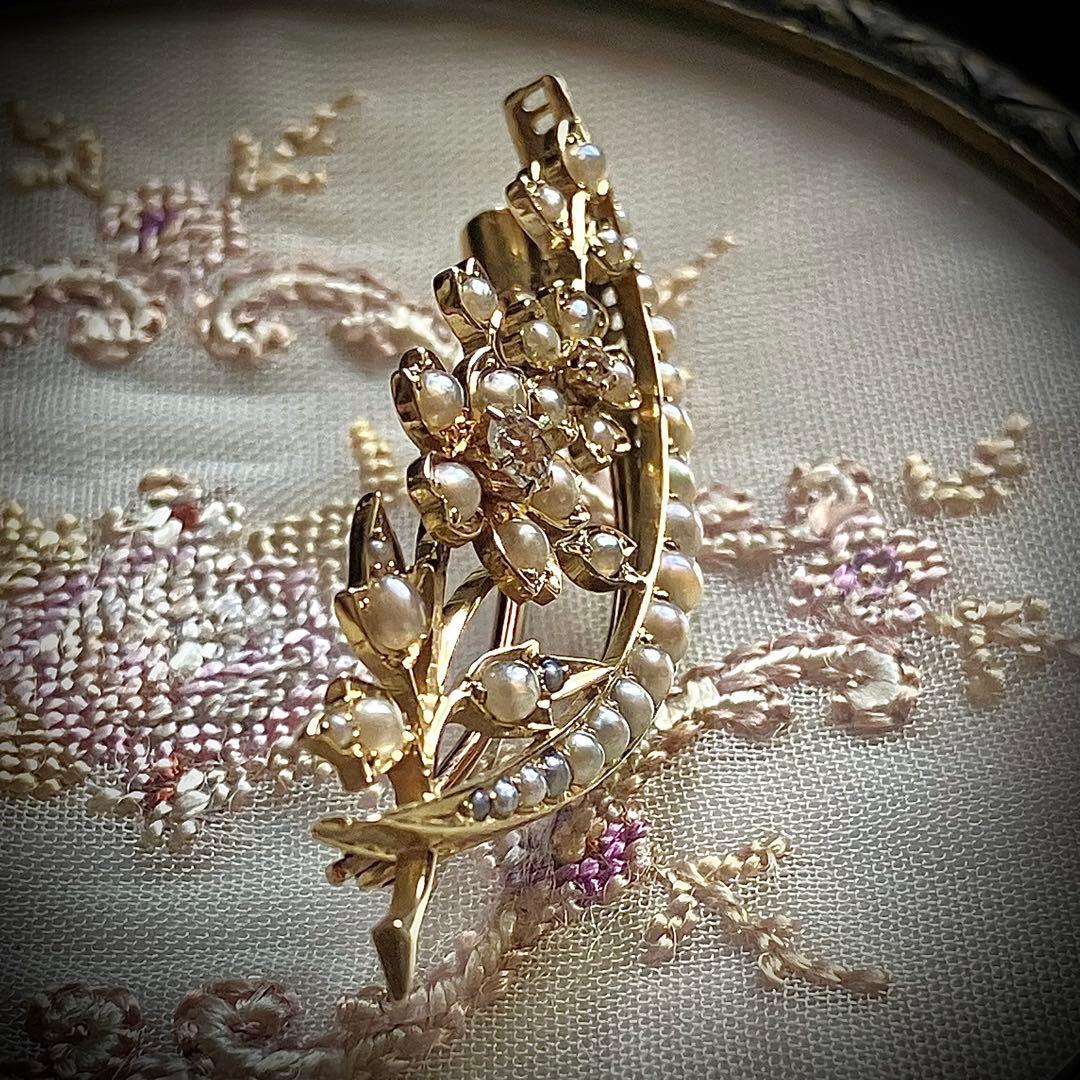 k18 ヴィクトリアン　オールドマインカットダイヤモンド＆シードパール　ブローチ