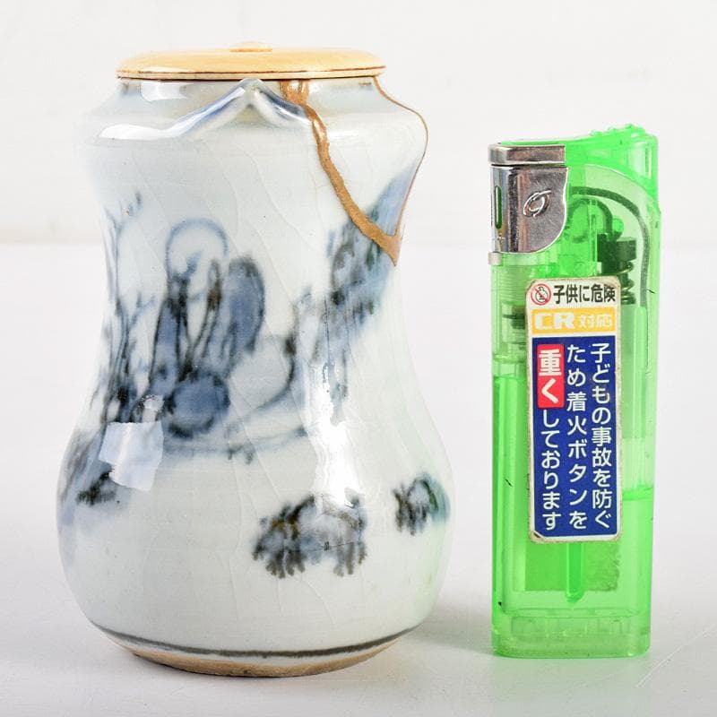 茶道具　唐津焼　絵唐津　山水人物文　甘手　茶入　時代箱付　M　R4981