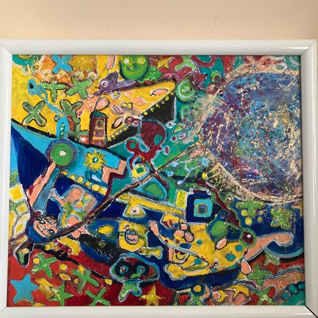 絵画　原画　キャンバスにアクリル絵具仮縁付き