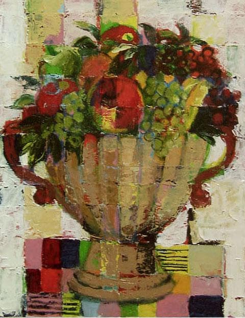 油絵 菅家令子 絵画インテリア 額付(青緑＋金色の枠 )uF6-113002果物