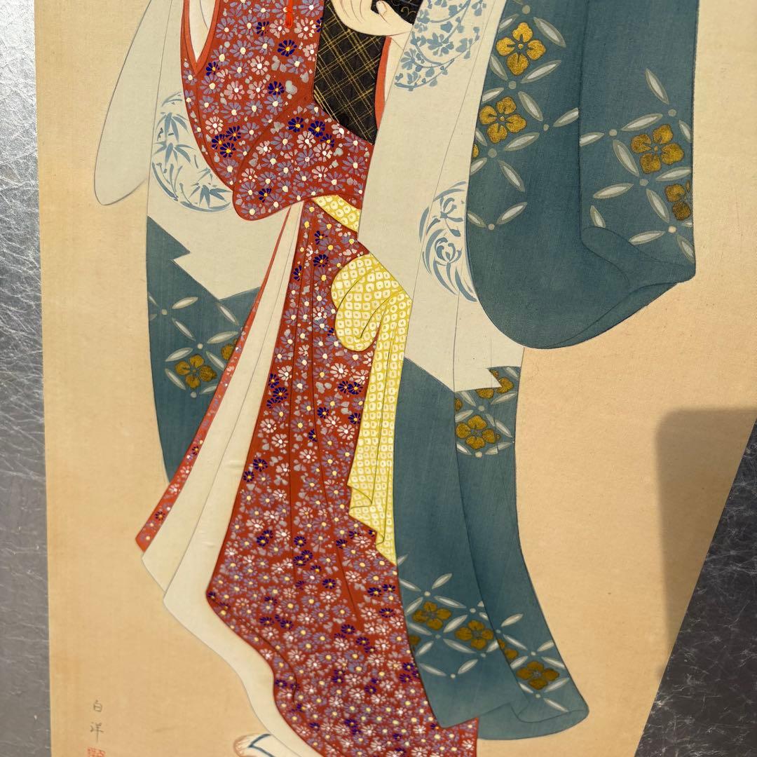 昭和レトロ 日本画 美人画 二曲屏風 白洋 落款あり 衝立 日本画家 白洋 印