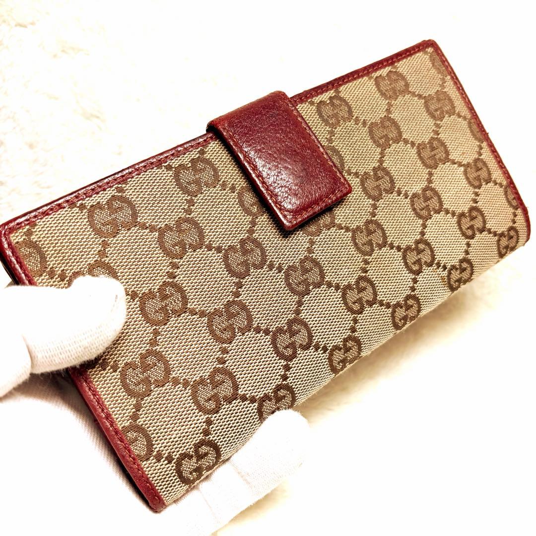 美品 GUCCI グッチ GGキャンバス レザー Wホック 長財布 ボルドー