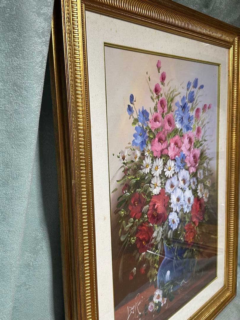 最終価格　真作絵画　リナ・ロッシ フラワーア-ト油彩 肉筆 美術品 薔薇コスモス