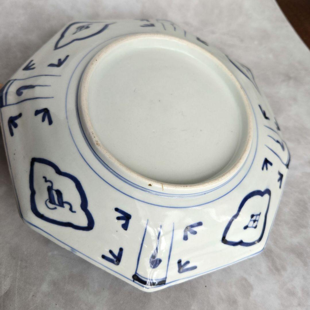 無傷完品　古伊万里　染付　八角　六寸皿　金継ぎ　アンティーク　骨董　江戸時代