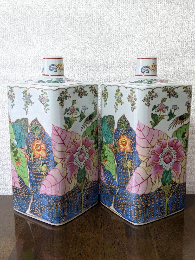 ♦中国陶磁 華栄堂製 粉彩花鳥紋様壺 瓶 花瓶 置物飾り ディスプレイ骨董品