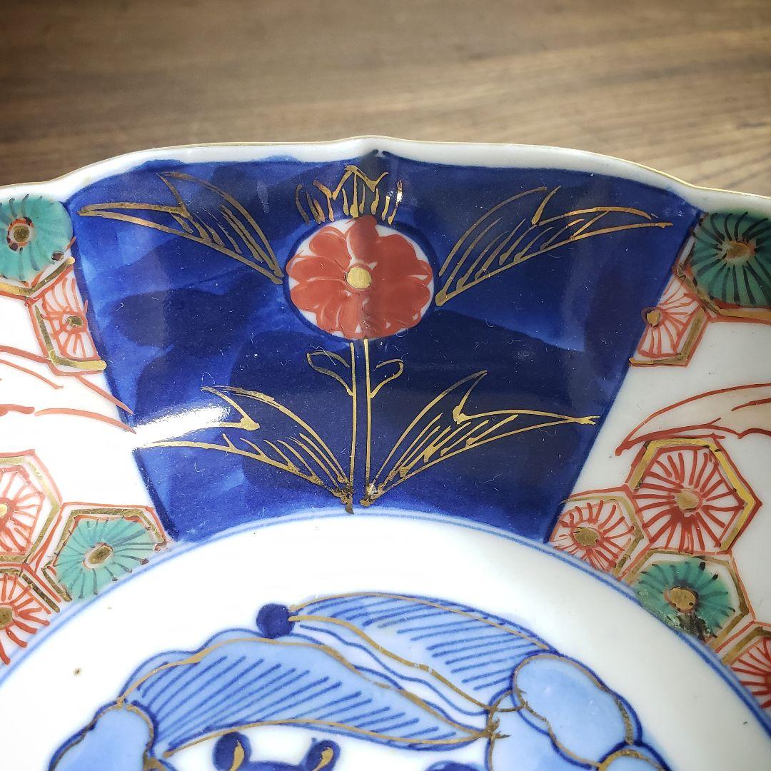 なます皿　蝙蝠　コウモリ　唐花　色絵付　染付　古伊万里　明治　大正　訳あり　欠け