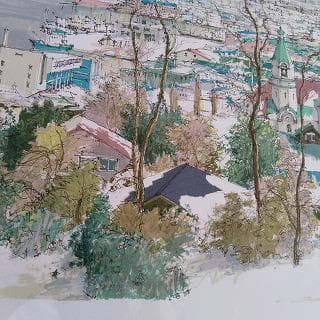 小田切　訓　リトグラフ　白い函館