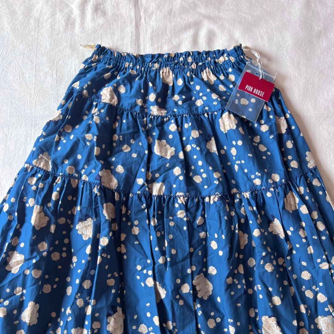 【新品】PINK HOUSE タグ付き ロングスカート 総柄 薔薇 ブルー
