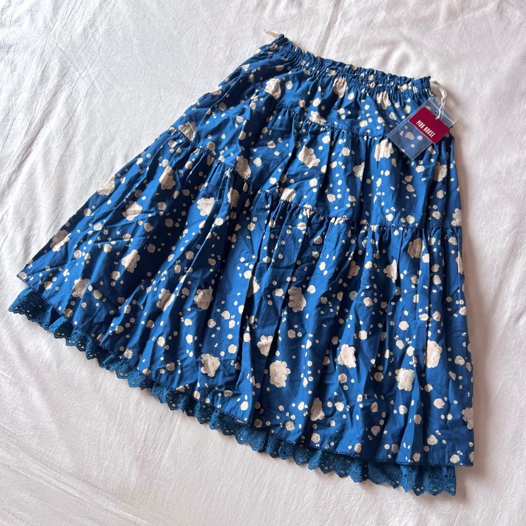 【新品】PINK HOUSE タグ付き ロングスカート 総柄 薔薇 ブルー