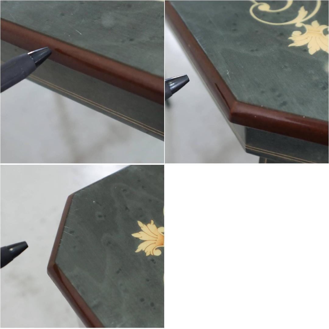 イタリア製クラシカル家具 象嵌細工 猫脚 サイドテーブル グリーン系 鏡面仕上げ