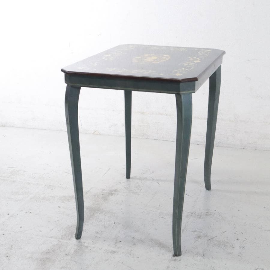 イタリア製クラシカル家具 象嵌細工 猫脚 サイドテーブル グリーン系 鏡面仕上げ