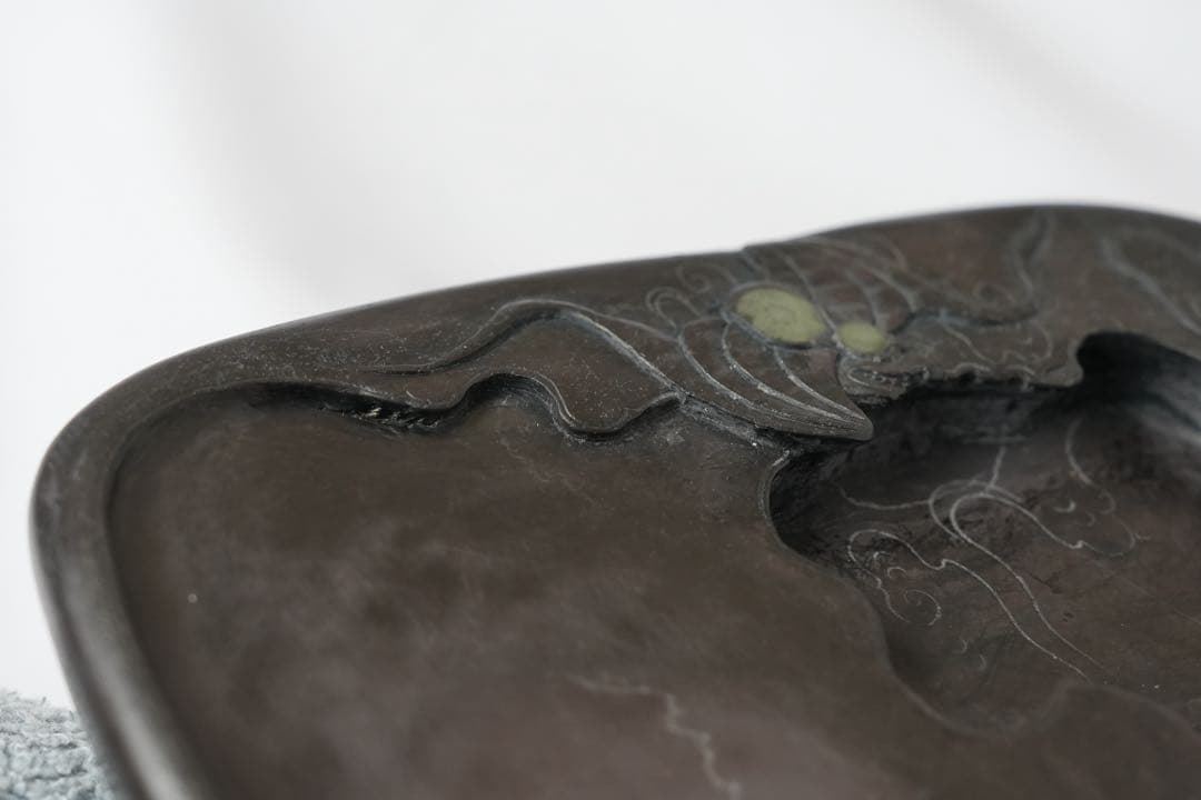 福 縁起物 蝙蝠文高彫 硯 眼 細工 コウモリ 雲海 年代美品 端渓 五福 幸運