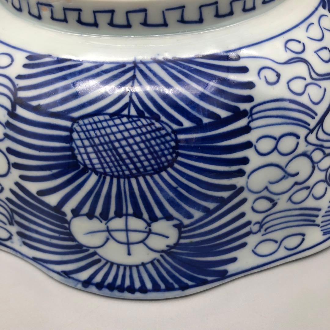 明治時代古伊万里幾何学模様ベロ藍印判手中押し鉢ボウル27cm伊万里焼骨董品