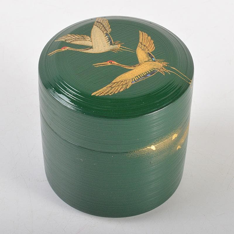 茶道具　蒔絵師　景雲作　青漆刷毛目塗　螺鈿装飾　双鶴蒔絵　雪吹　共箱　V6437