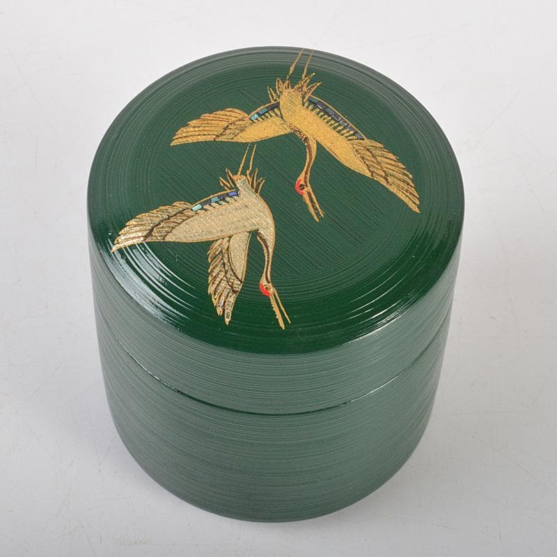 茶道具　蒔絵師　景雲作　青漆刷毛目塗　螺鈿装飾　双鶴蒔絵　雪吹　共箱　V6437