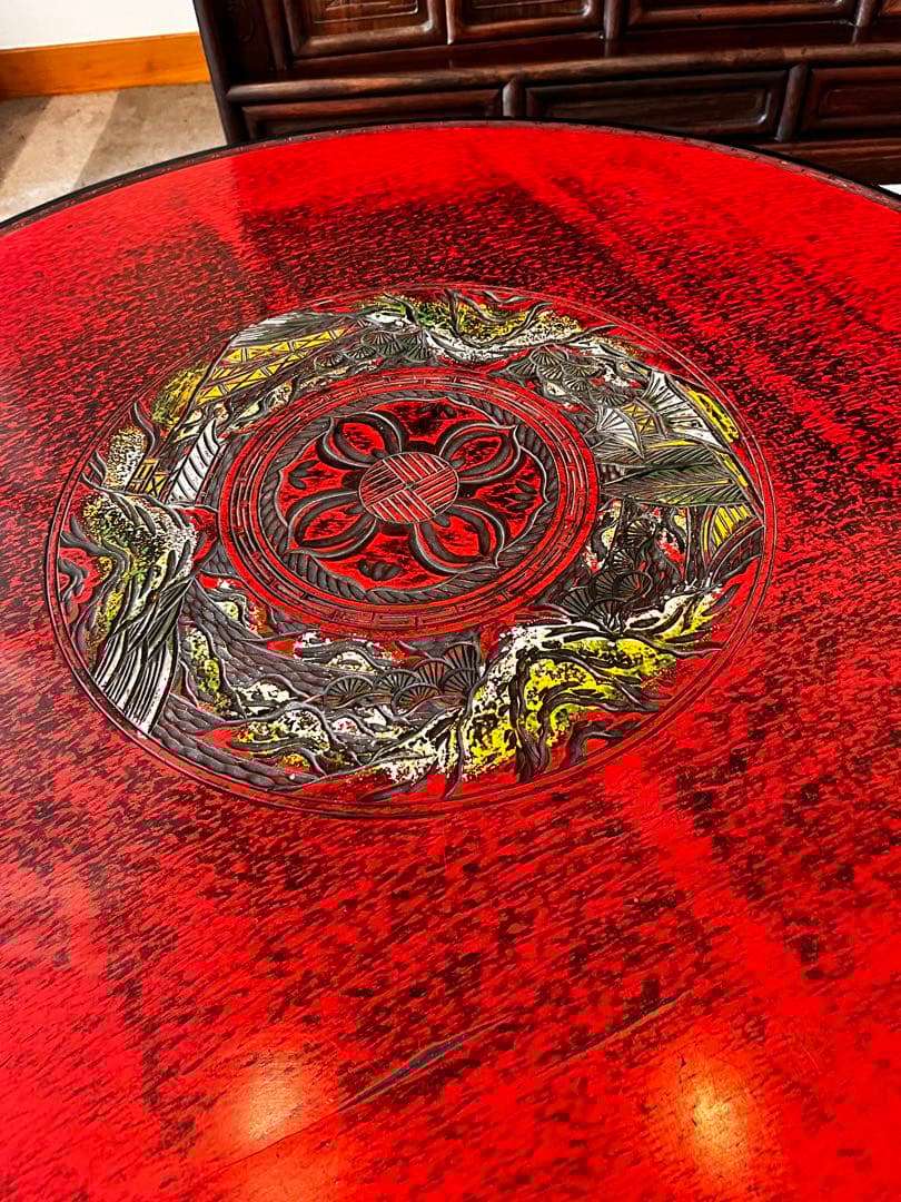 中国骨董 唐家具 飾彫り 円卓 座卓 ちゃぶ台 センターテーブル 古家具レトロ