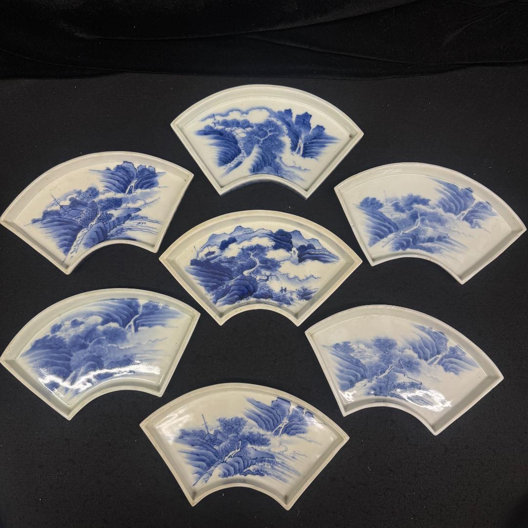 江戸時代 　古平戸 染付山水文扇形 皿 7枚