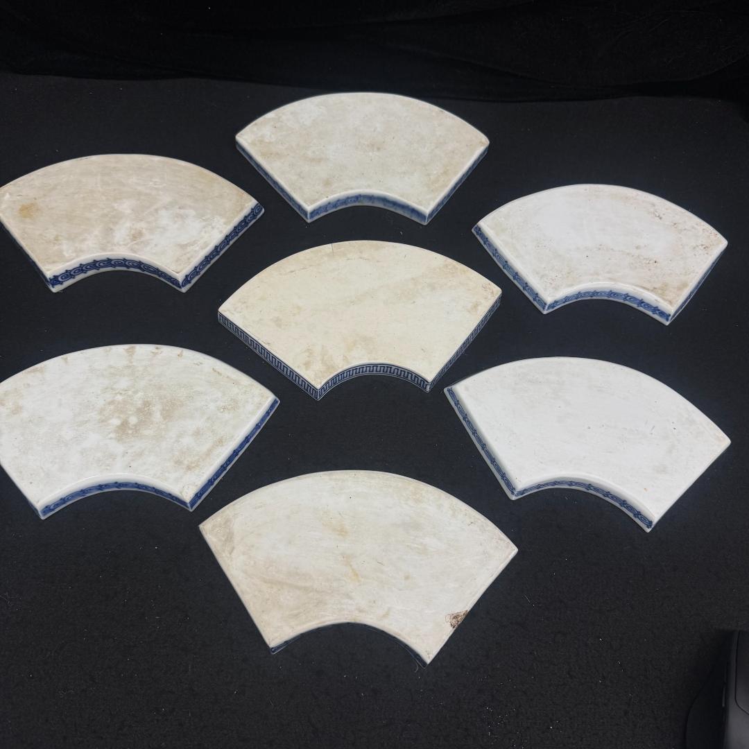 江戸時代 　古平戸 染付山水文扇形 皿 7枚