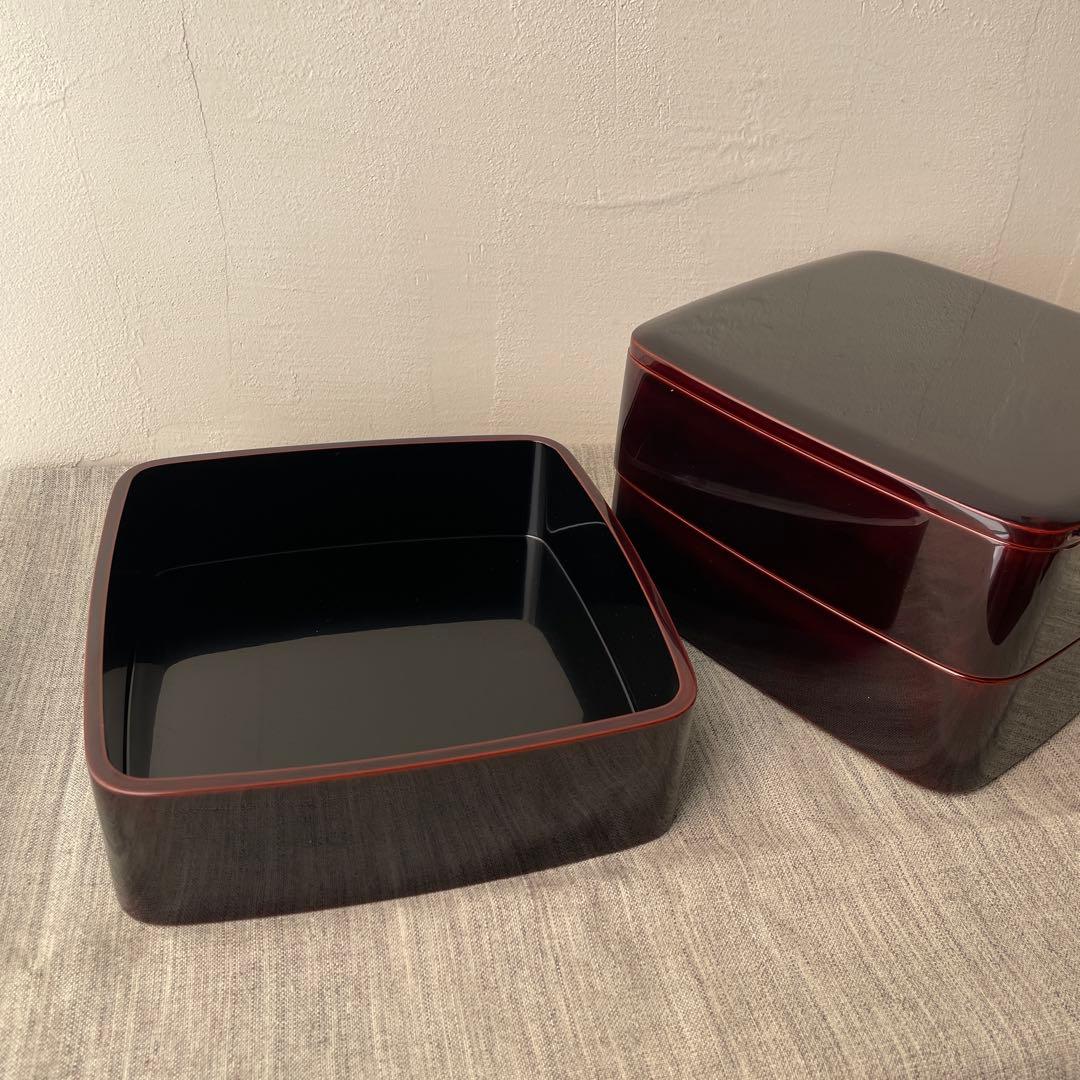 溜塗 木製 漆器 重箱 3段 19.5cm 黒　無地　胴張り