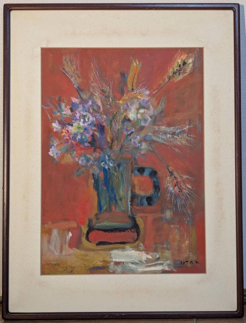 【真作】絵画　油彩10号　赤の静物　花と麦の彩り　深紅の背景に咲く命　Y30