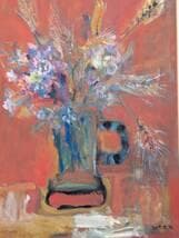 【真作】絵画　油彩10号　赤の静物　花と麦の彩り　深紅の背景に咲く命　Y30