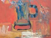 【真作】絵画　油彩10号　赤の静物　花と麦の彩り　深紅の背景に咲く命　Y30