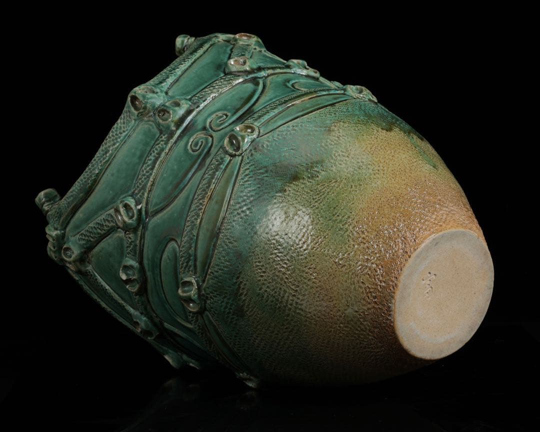 【富久窯 井上富三】縄文写花瓶 共箱 高さ37㎝ 緑釉 花器 花入 古美術 骨董