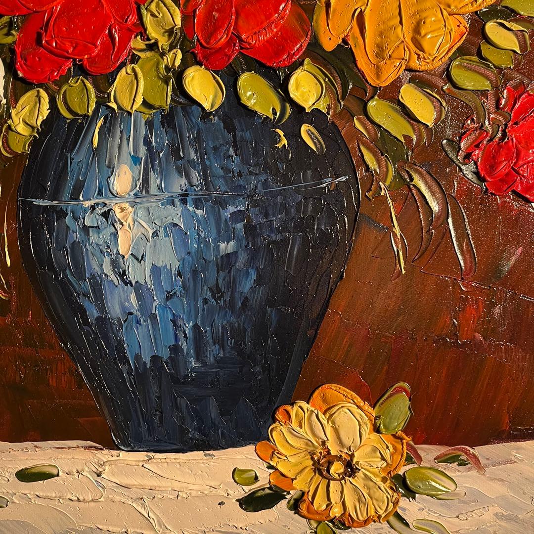 ★特大秀作★ 手書き油絵 花瓶の花 額付き インテリア 肉筆絵画 油彩画