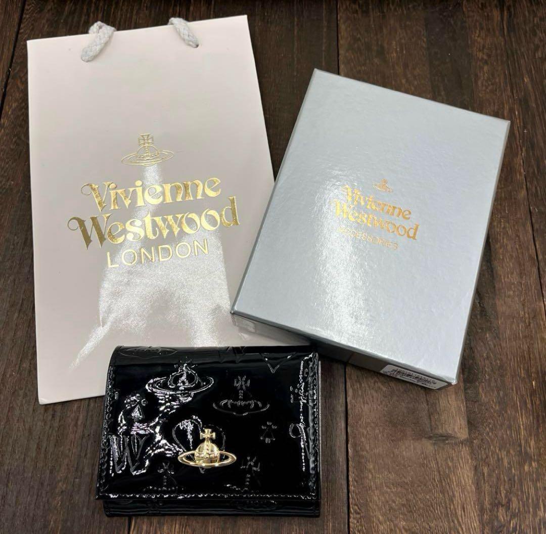 新品未使用　ヴィヴィアンウエストウッド 三つ折財布　黒　エナメル　がま口　⑥