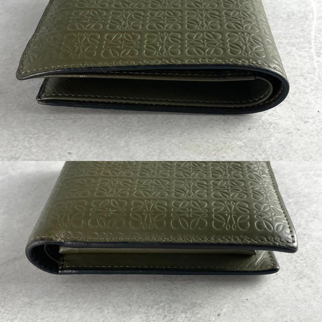【美品】ロエべ 二つ折り財布 リピートアナグラム　レザー グリーン