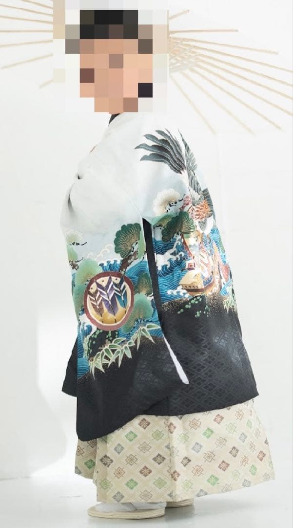 七五三　5歳男児　着物　セット　鷲　鷹　宝船　白ゴールド黒　伴商店