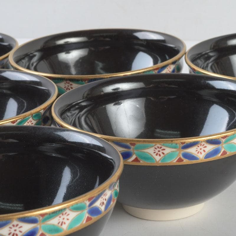 茶道具　京焼　平安　紫雲造　色絵　黒仁清七宝文　数茶碗　六客　V　9471