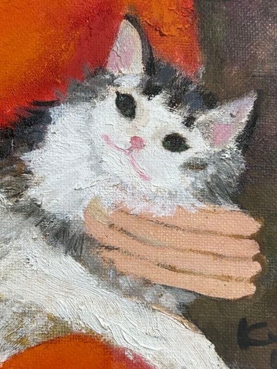 松任谷国子　猫と私　油絵　F4号