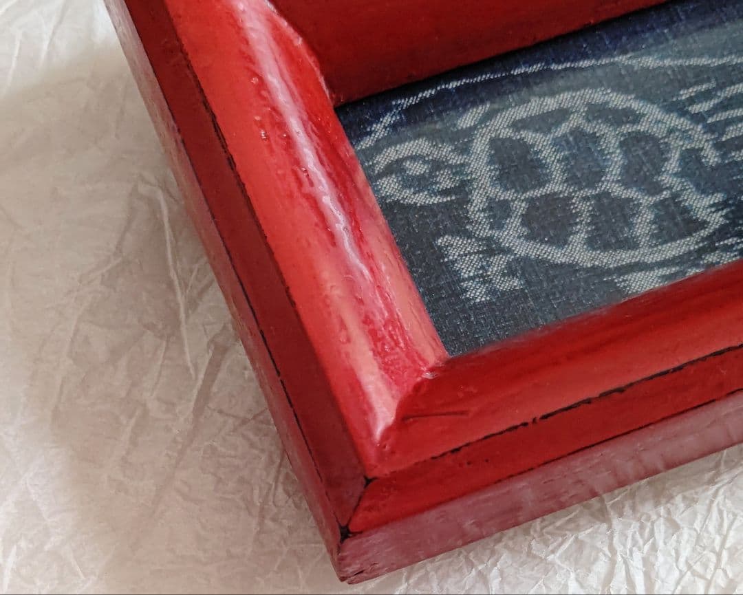 松崎融 朱漆 額縁 絵絣 古布 民芸 民藝