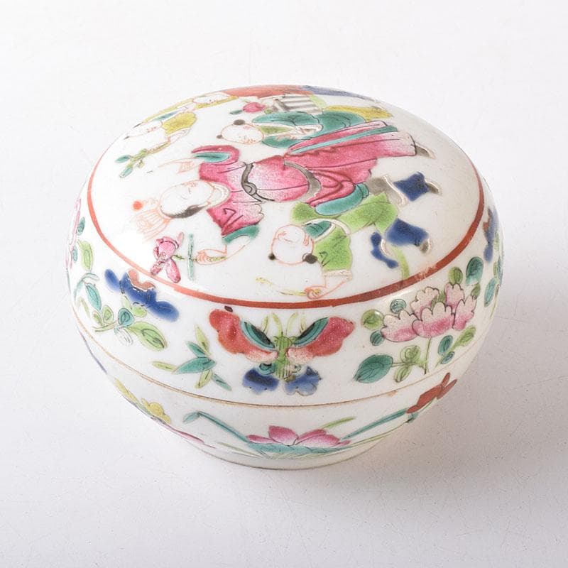 中国　粉彩　蓮花人物文　盒子　香合　蓋物　合わせ箱　V　R8271