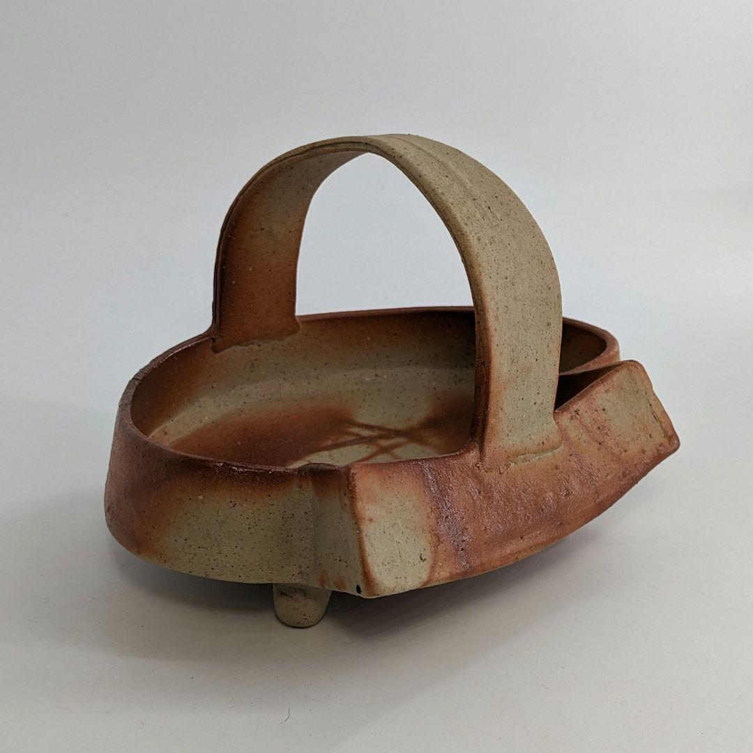 岡山県重要無形文化財 金重有邦 備前焼 「伊部ヒダスキ手付鉢」 共箱合布栞 緋襷