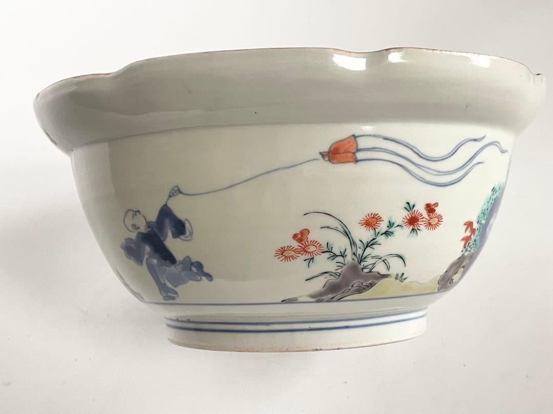 骨董　アンティーク　柿右衛門　色絵　染錦　唐子遊戯図　輪花鉢　深鉢　鉢　古伊万里