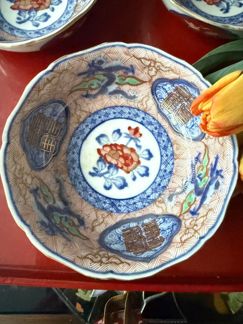 M様へ感謝お嫁入り‼️強運献上手大聖寺伊万里錦手Dragon❌牡丹龍　靏膾皿鉢2客