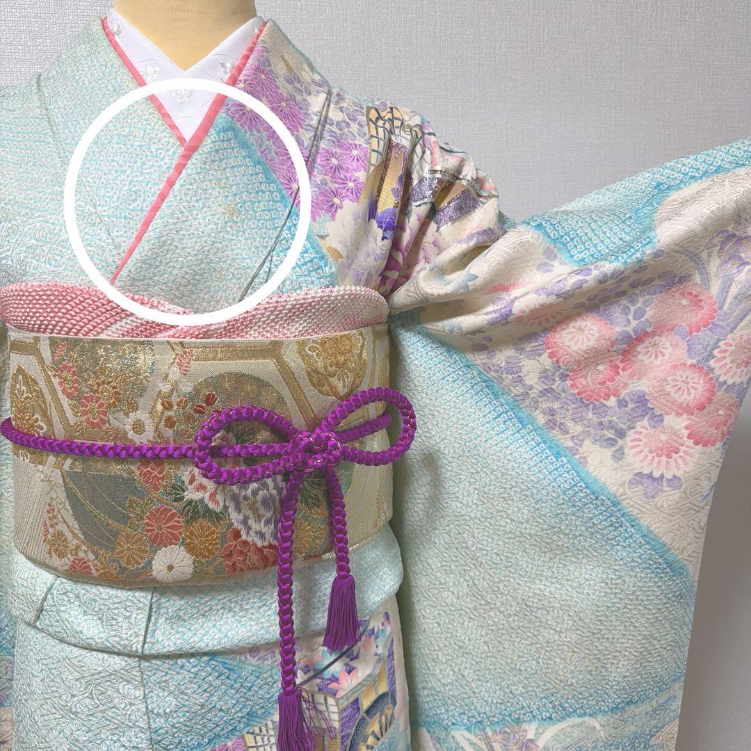 4 振袖フルセット 正絹 難あり 水色 紫 ピンク 銀彩 絞り 小柄さん レトロ